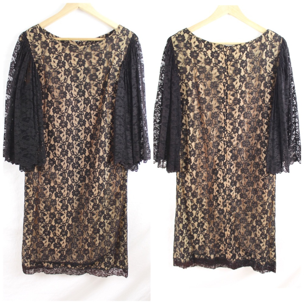 Vintage 60s Black Lace Dress Angel Sleeves Sz 6 - Picture 7 of 8